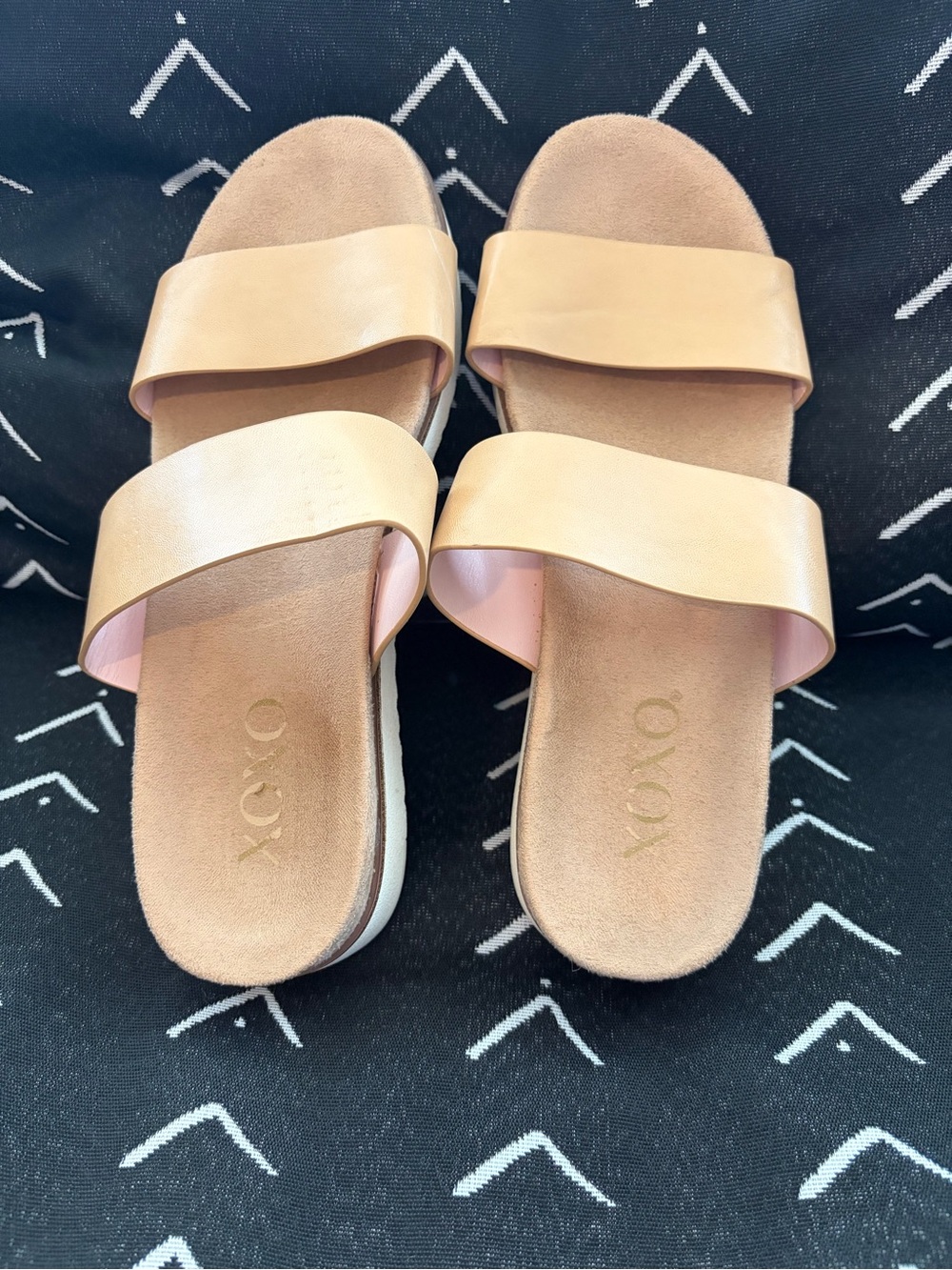 XOXO “Dylan” Women's Beige/Tan Double Strap Slide Sandals